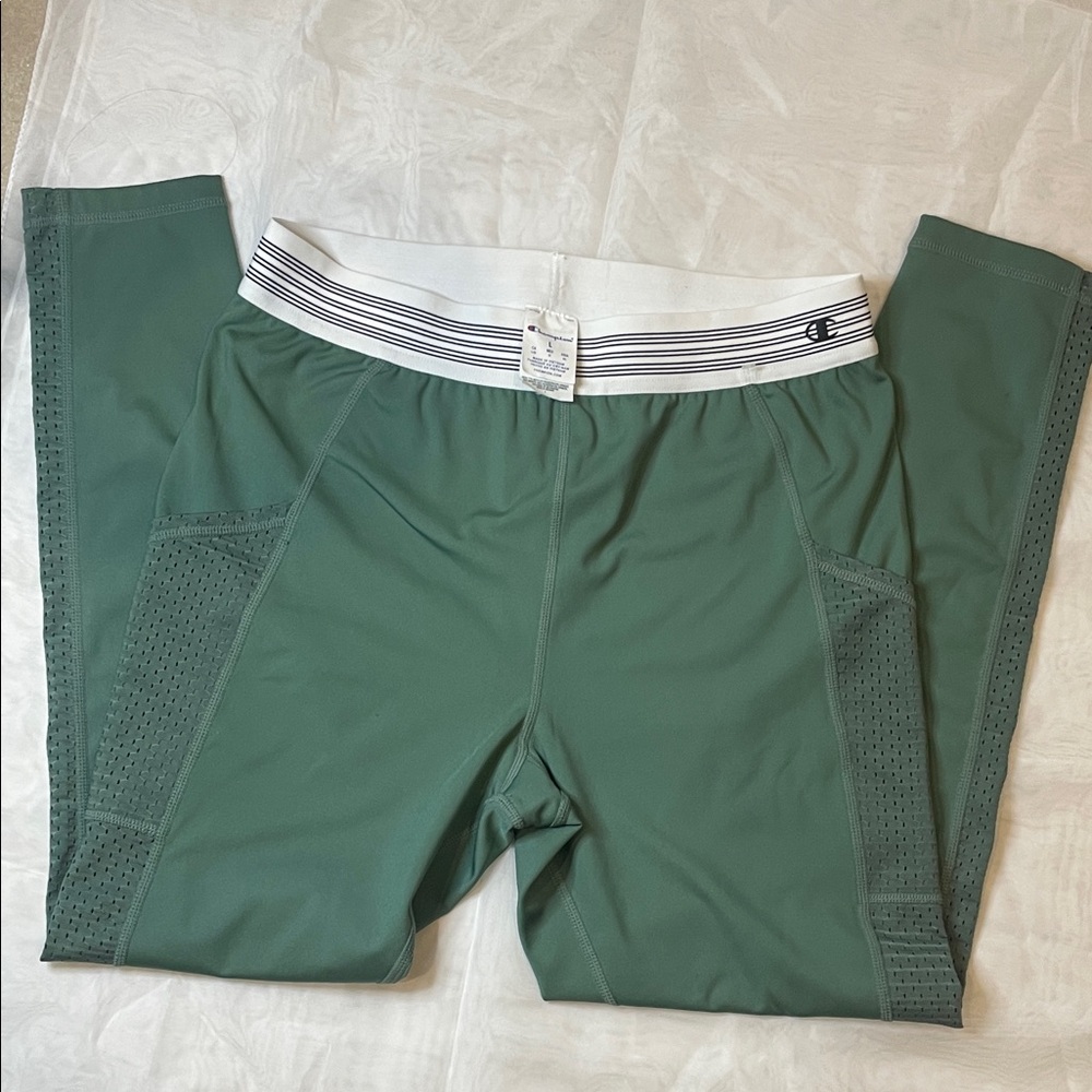 Champion Green Athletic Leggings with White Waistband